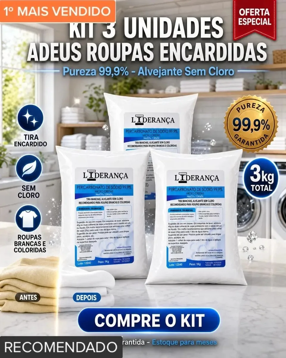Percarbonato de Sódio Liderança Ferro e Aço Kit c/ 3 kg, Alvejante p/ Roupas