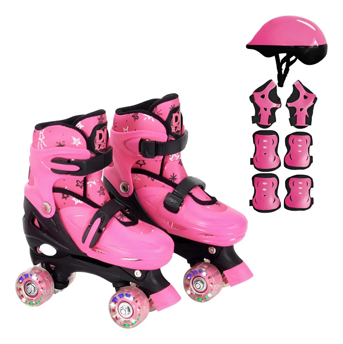 Patins 4 Rodas Ajustável Feminino com Kit Proteção – Rosa