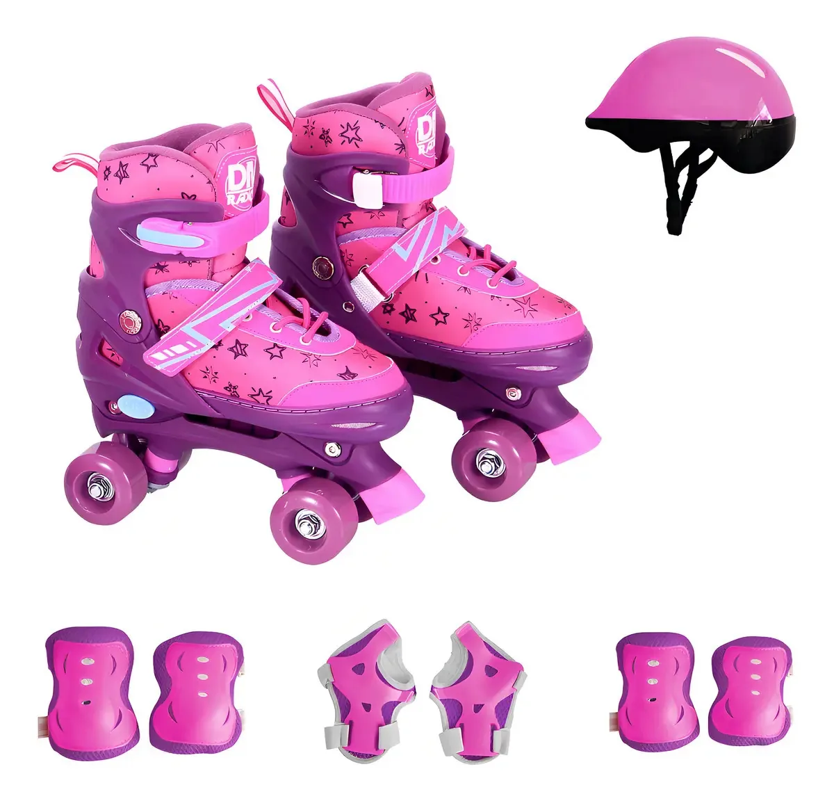 Patins 4 Rodas Rosa Ajustável 34-37 com Kit de Proteção DM Toys