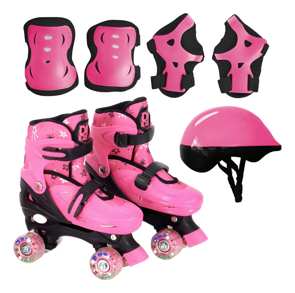 Patins 4 Rodas Ajustável para Meninas com LED e Kit de Proteção – DM Toys