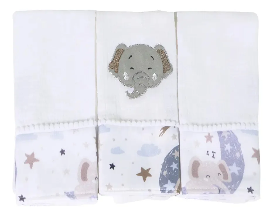 Kit 03 Fraldas De Boca Bebê Menina Menino Estampada Bordada Tamanho Elefantinho na Lua