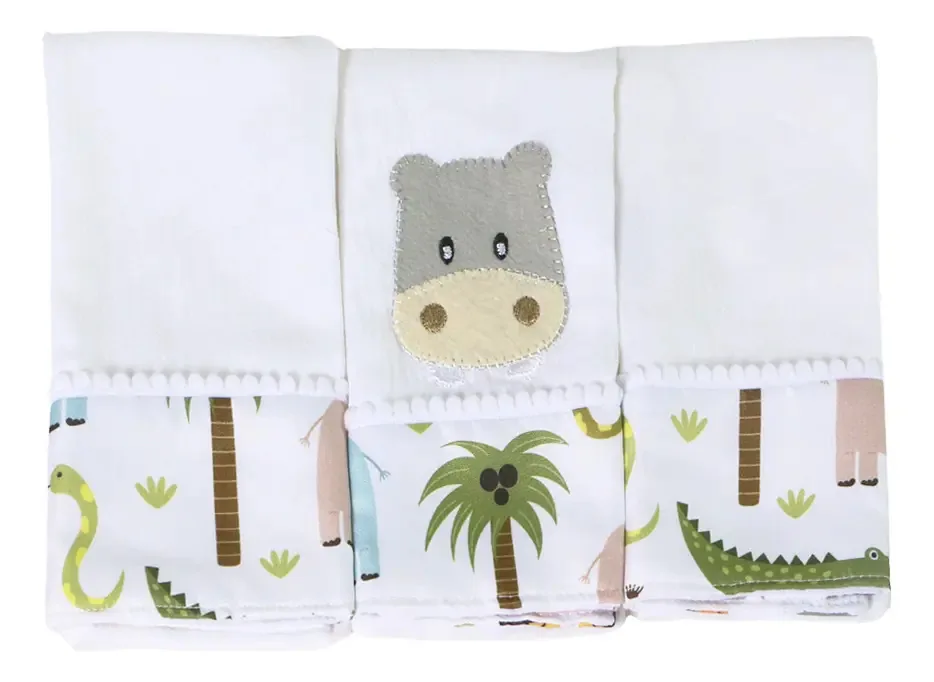 Kit 03 Fraldas De Boca Bebê Menina Menino Estampada Bordada Tamanho Floresta