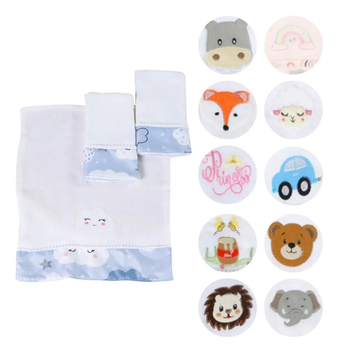Kit 03 Fraldas De Boca Bebê Menina Menino Estampada Bordada Tamanho Nuvem Azul