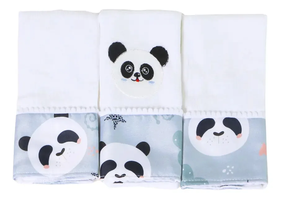 Kit 03 Fraldas De Boca Bebê Menina Menino Estampada Bordada Tamanho Panda Azul