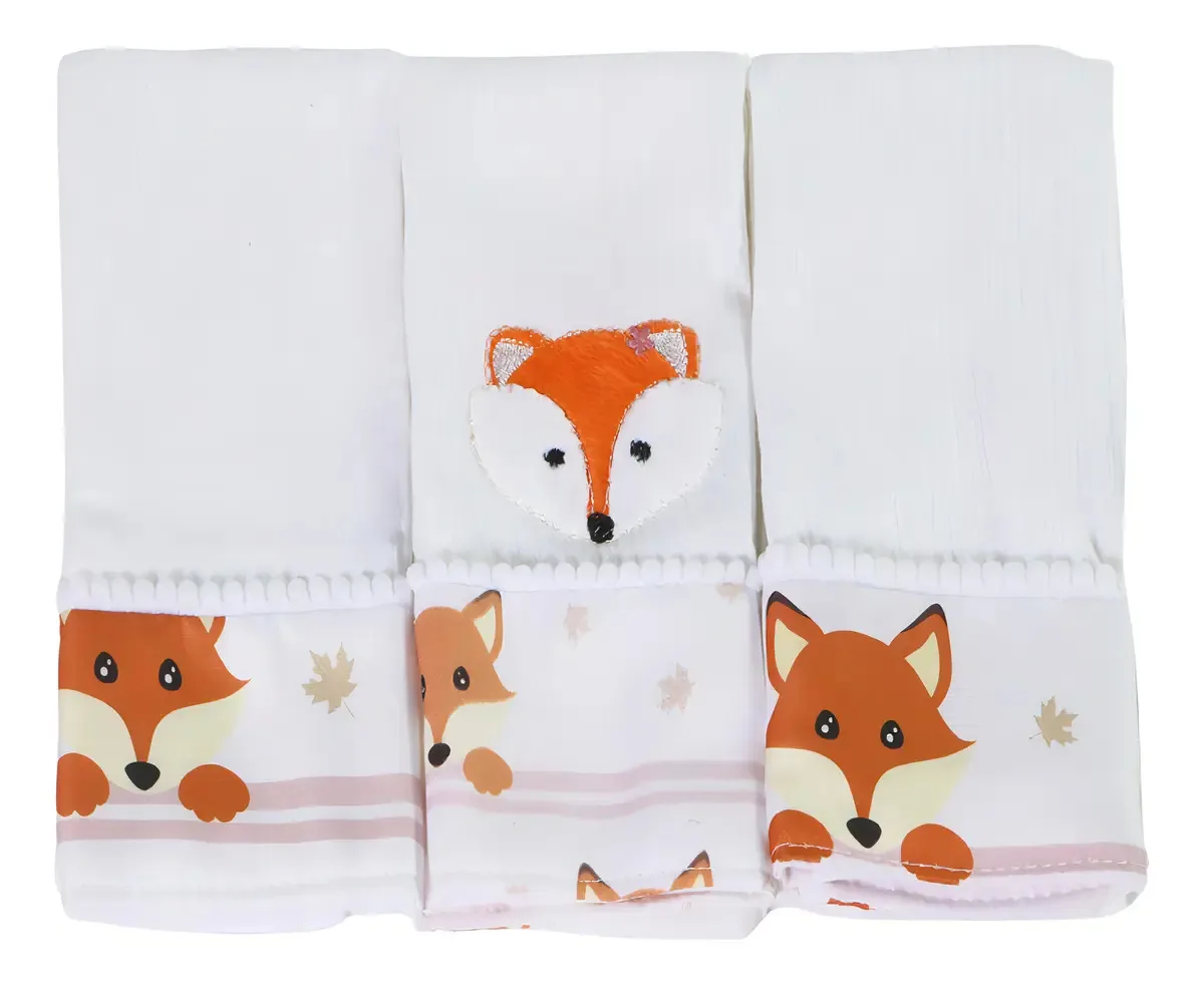 Kit 03 Fraldas De Boca Bebê Menina Menino Estampada Bordada Tamanho Raposa Laranja