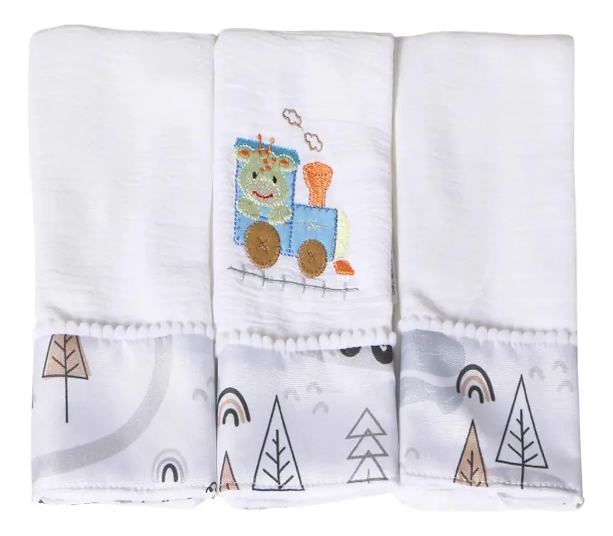 Kit 03 Fraldas De Boca Bebê Menina Menino Estampada Bordada Tamanho Trenzinho