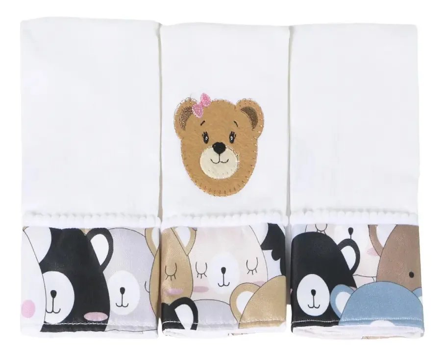 Kit 03 Fraldas De Boca Bebê Menina Menino Estampada Bordada Tamanho Ursinhas