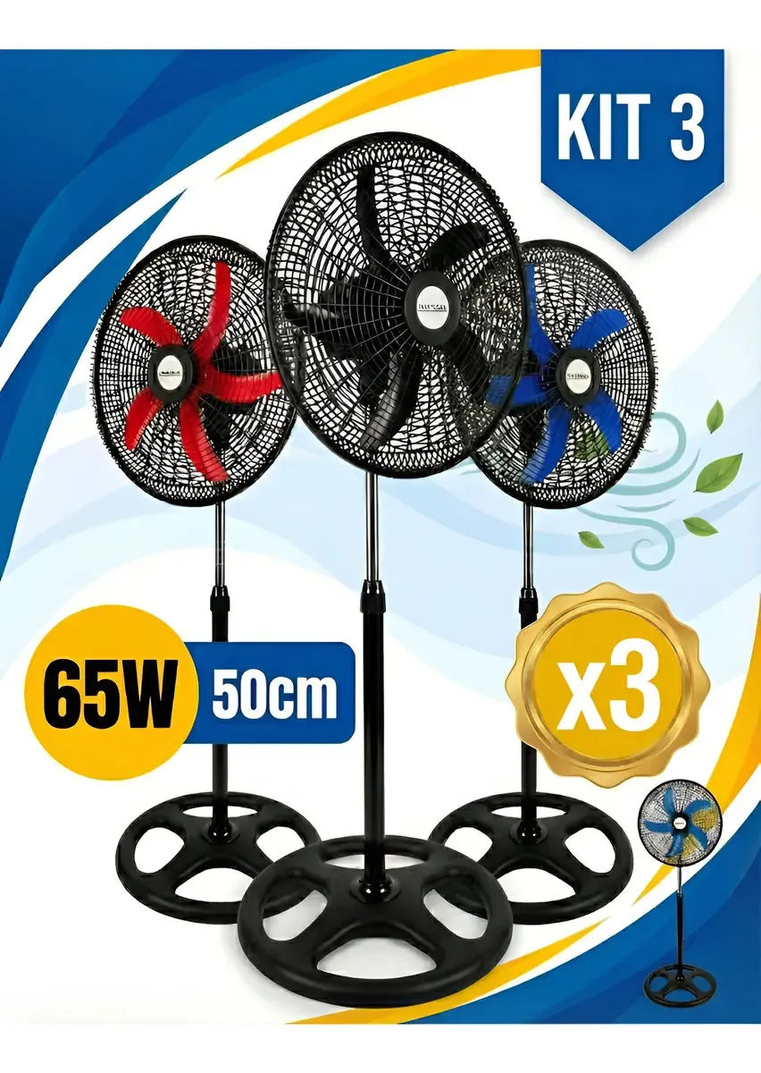 Kit3 Ventiladores Ajustavel Coluna Pedestal 5pás Potente Preto Preto Plástico 5