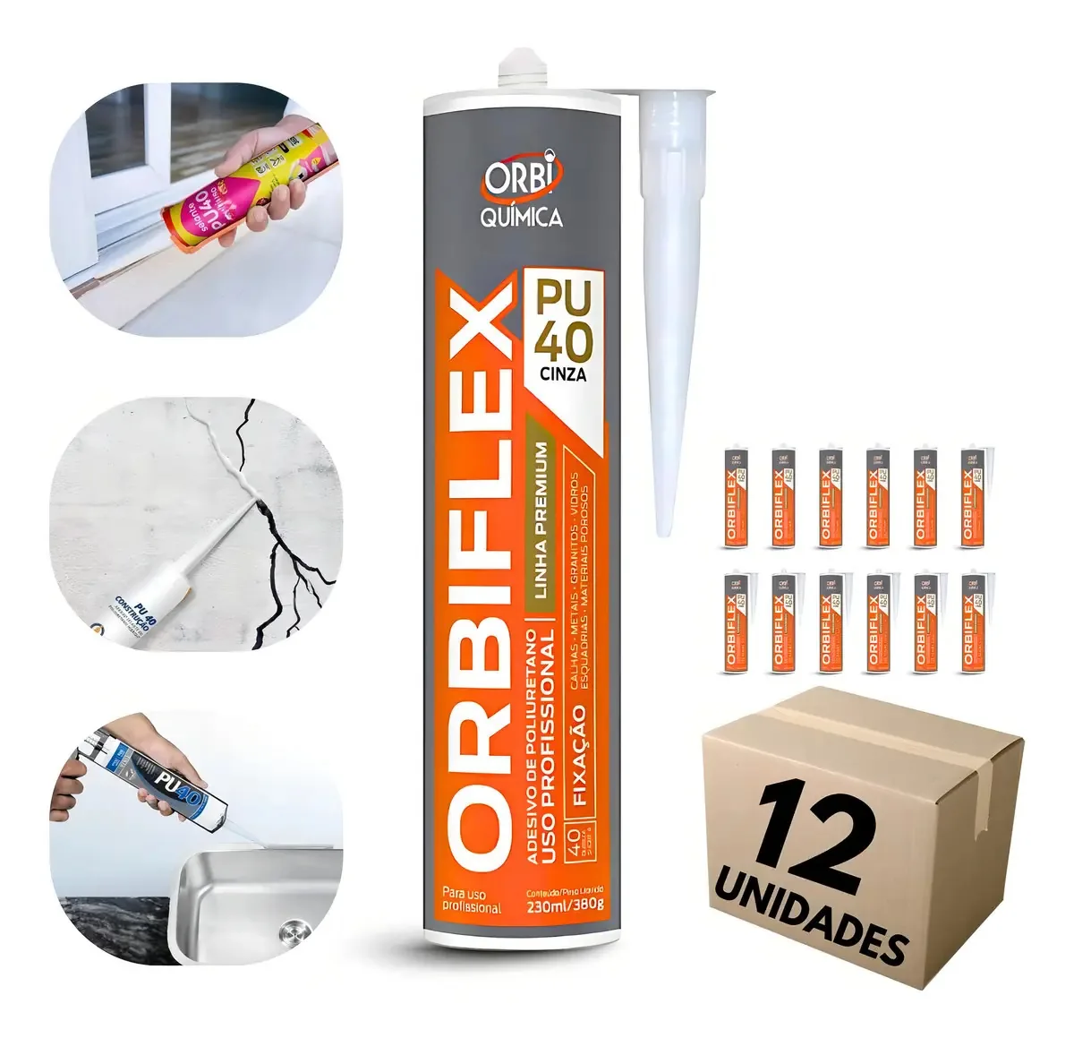 Caixa 12 Adesivos Pu40 Orbiflex Premium Construção 380g Cor Cinza