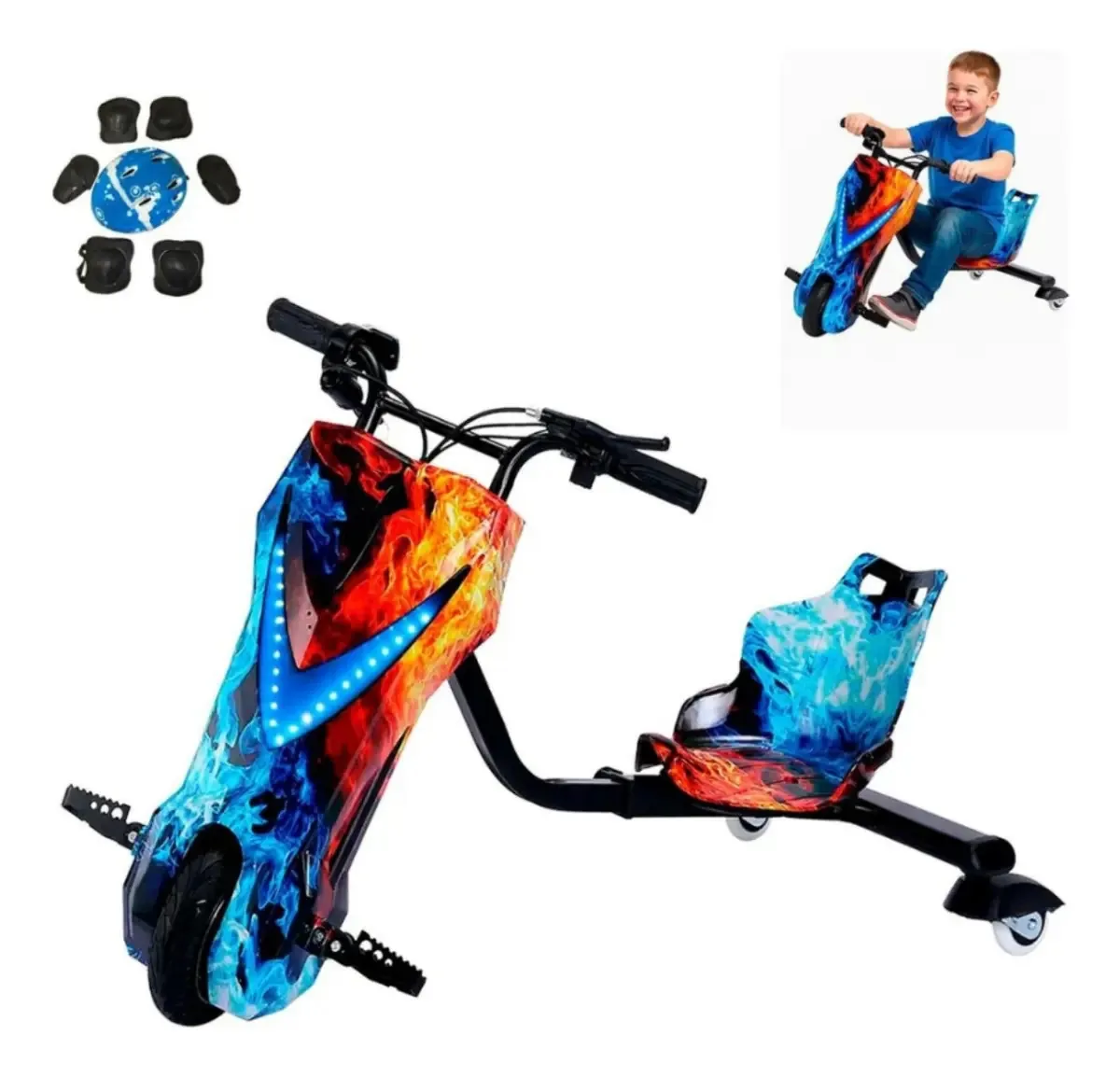 Triciclo Drift Elétrico Infantil 3 V Kit De Proteção E Led Cor Gelo/fogo