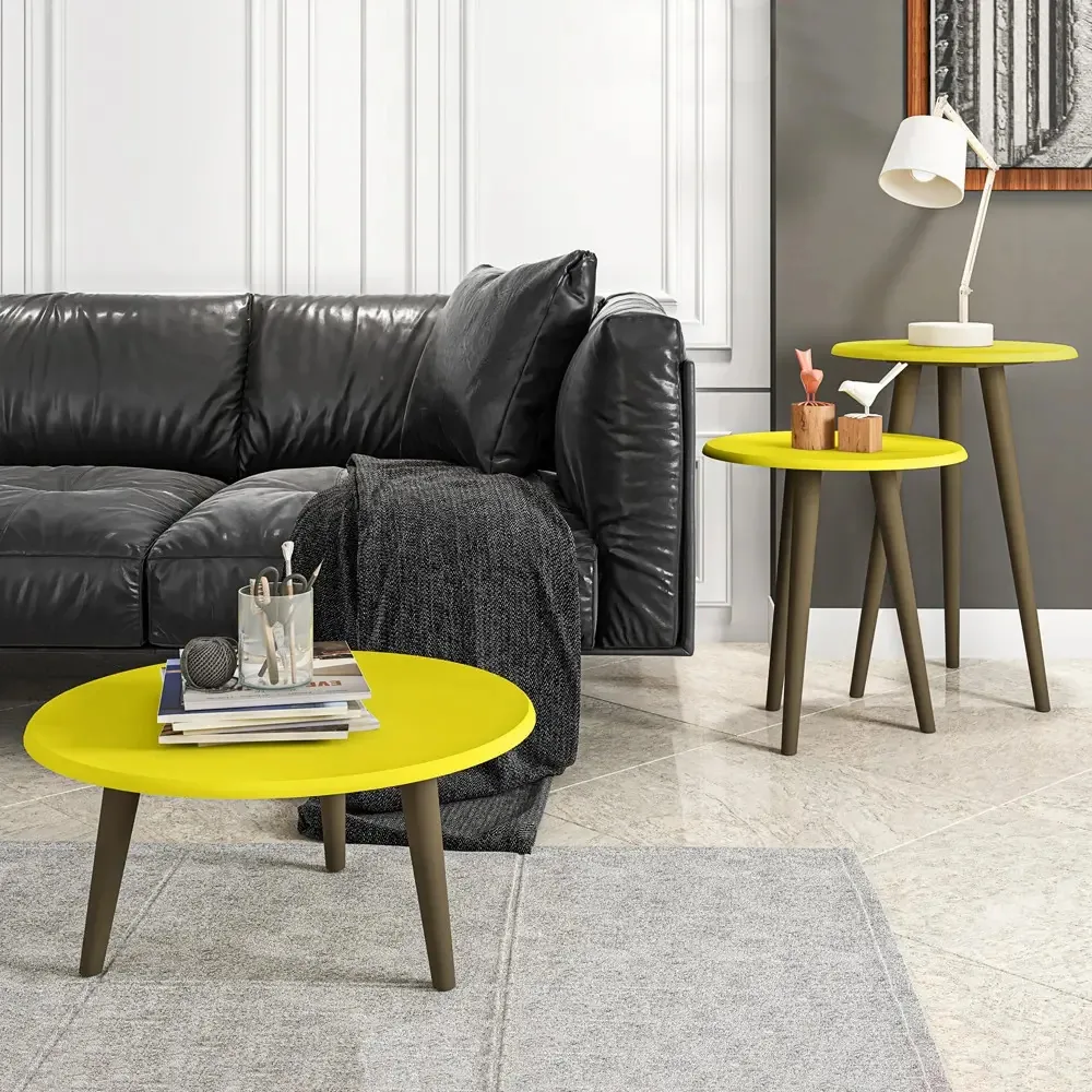 Mesa De Centro Conjunto 3 Peças Redonda Amarelo