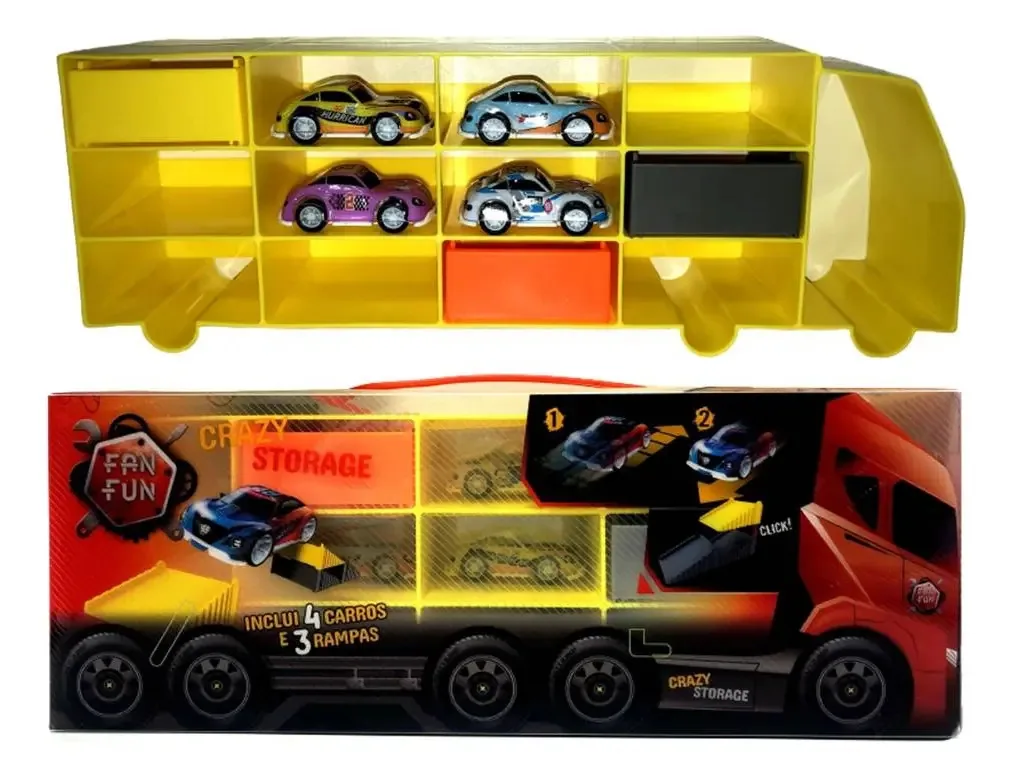 Caminhão Expositor Crazy Storage New Toys para Carrinhos com 4 Mini Veículos e 3 Rampas