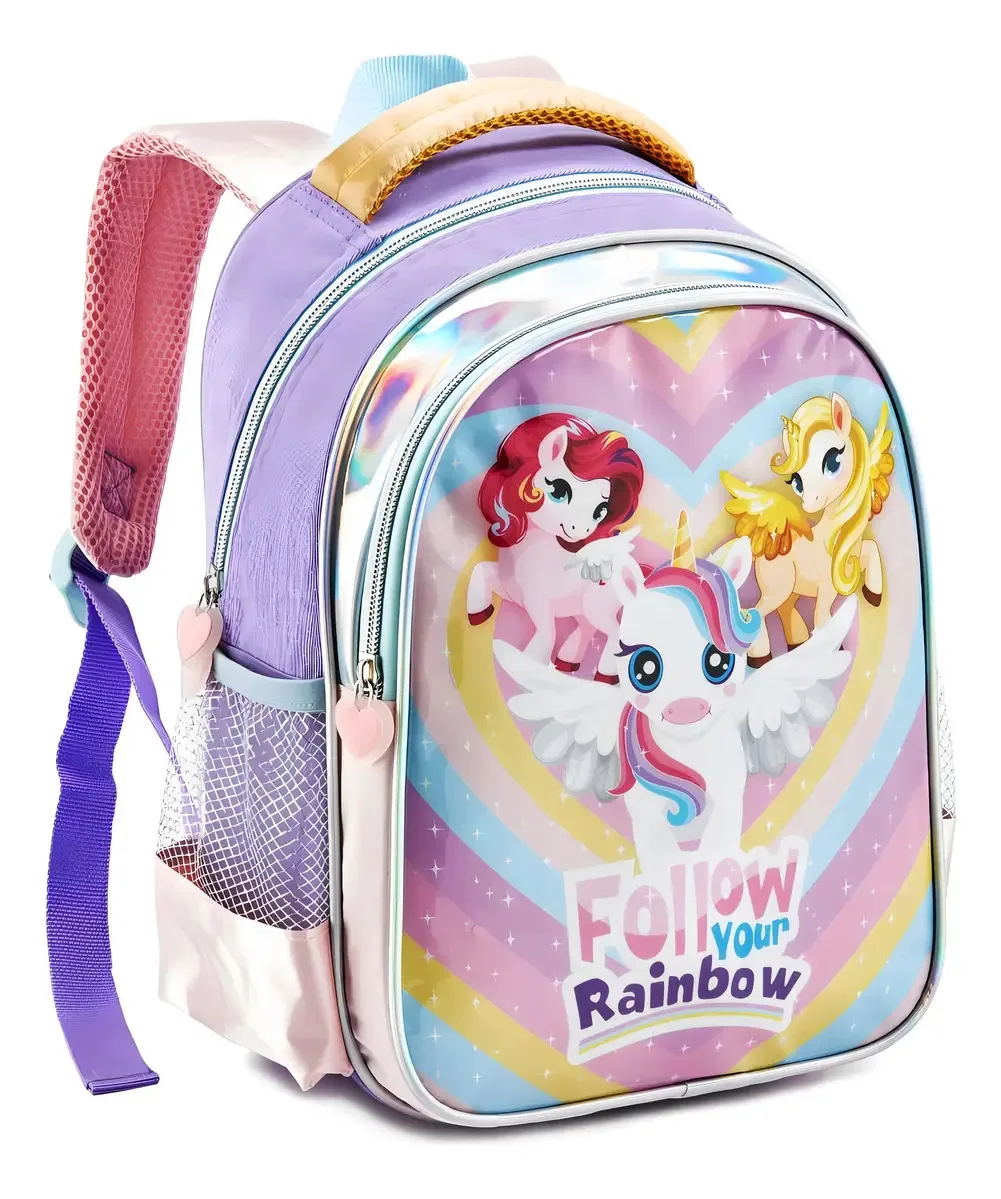 Mochila Escolar Creche Passeio Infantil Menina Unicórnio Cor Lavanda Desenho do tecido Liso