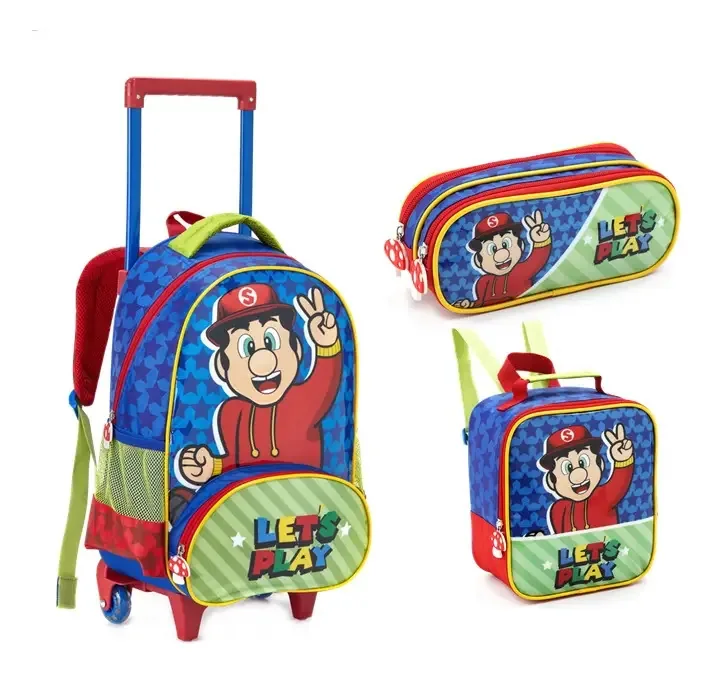 Kit Mochilete Escolar Infantil Azul Denlex Let's Play com Lancheira e Estojo