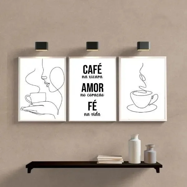 Kit 3 Quadros Café 45x34cm - Madeira Branca