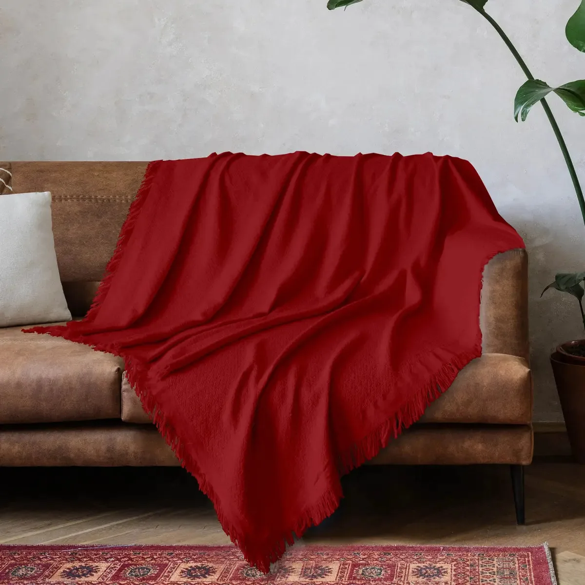 Manta Sofá Soft Chevron Luxo Algodão P/ 5 Peças Cor Vermelho Desenho Liso