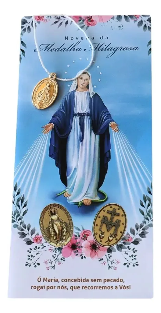 Medalha Milagrosa Dourada Com Livreto E Cordão Branco