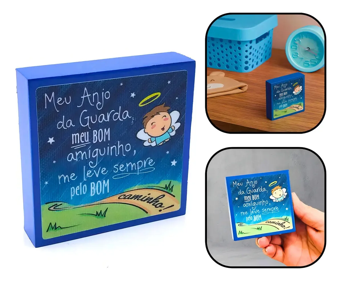 Bloco Infantil Madeira Armazém Católico Anjo Da Guarda Azul 8cm