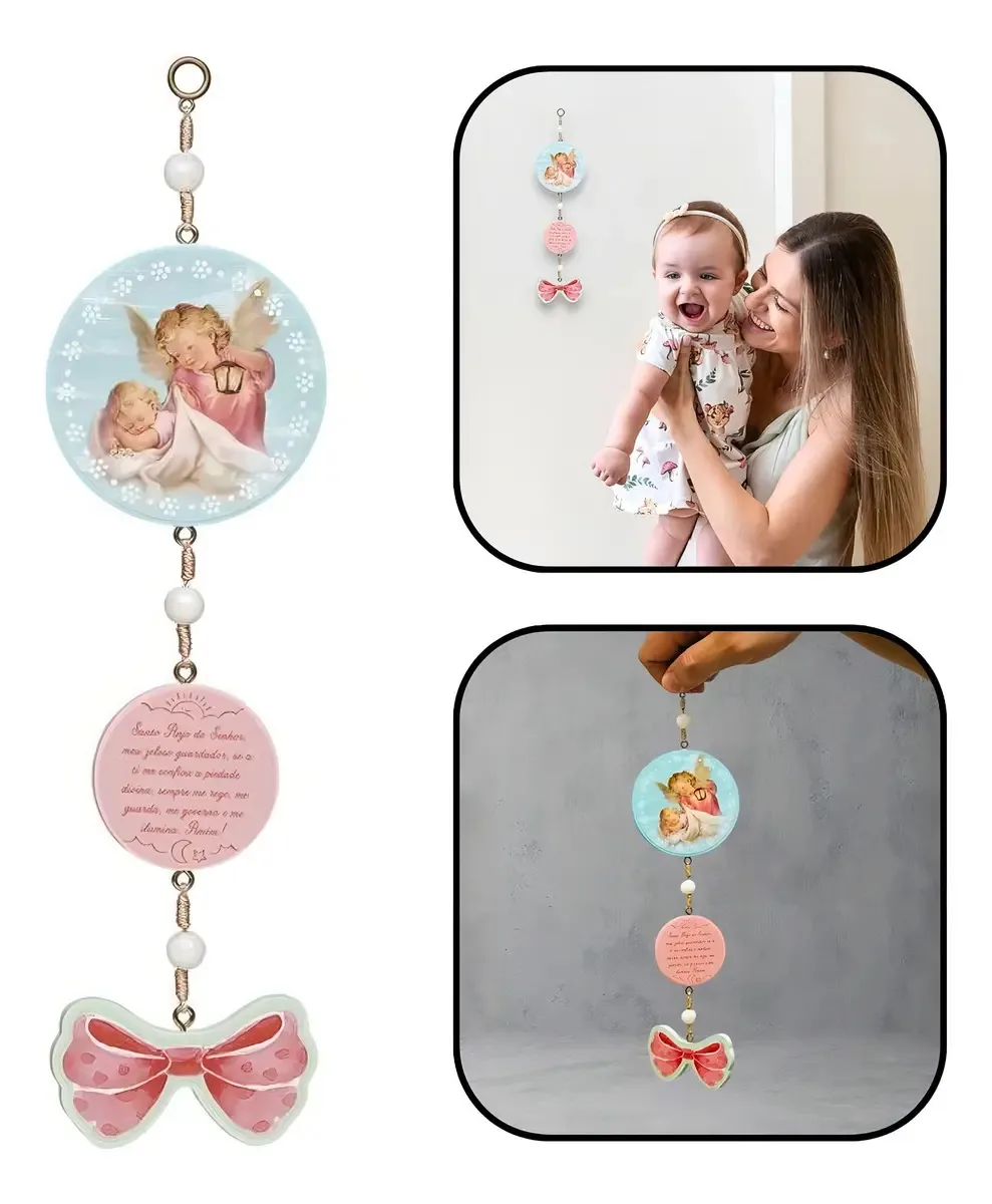 Adorno Infantil Escapulário Anjo Da Guarda Rosa Claro Armazém Católico