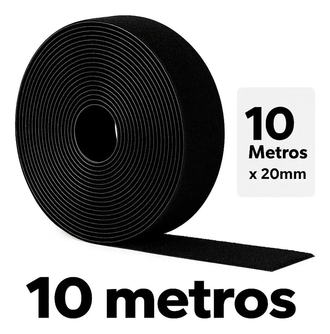 Fecho De Contato Adesivo Preto 10 Metros X 20mm Autocolante, Dupla Face, Alta Fixação, Fácil Aplicação E Reutilizável