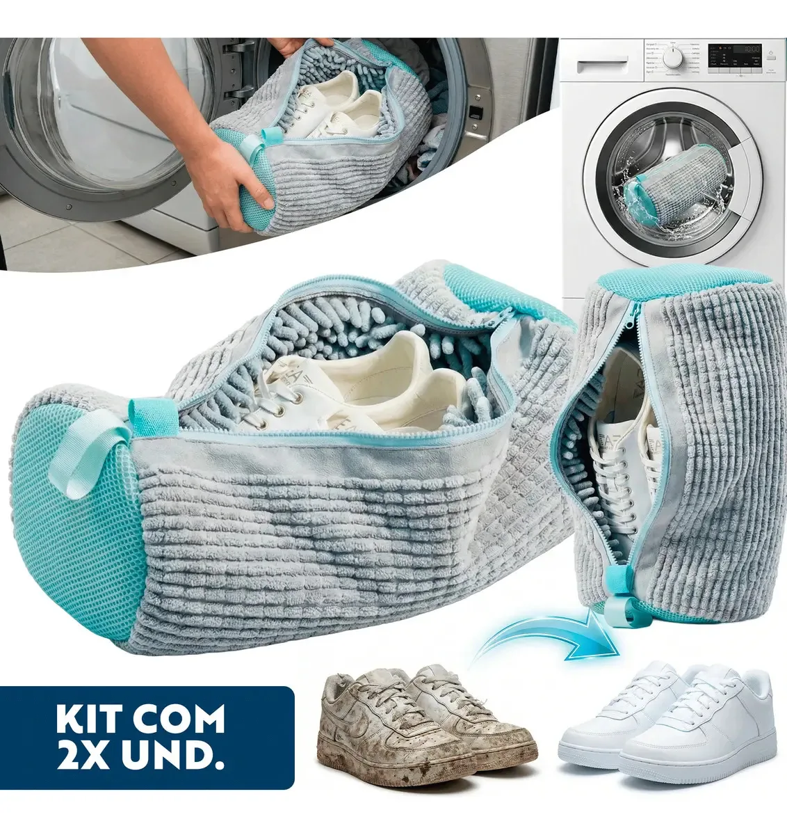 Kit 2 Sacos Para Lavar Tênis Calçados Sapatos Com Zíper Reforçado Proteção Total Na Máquina Evita Danos Arranhões Deformações Premium