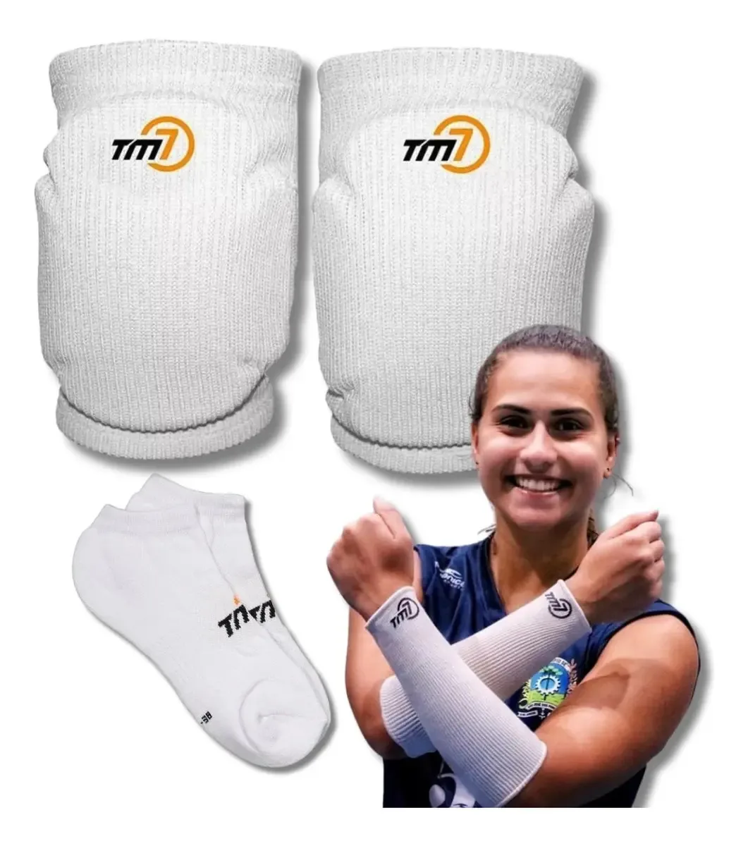 Kit Volei Proteção Joelheira + Manguito Curto + Meias Tm7 Cor Branco Tamanho M