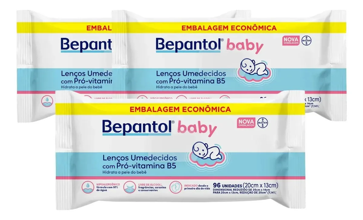 Kit 3 Lenços Umedecidos Hipoalergênicos Bepantol Pele Sensível 288un