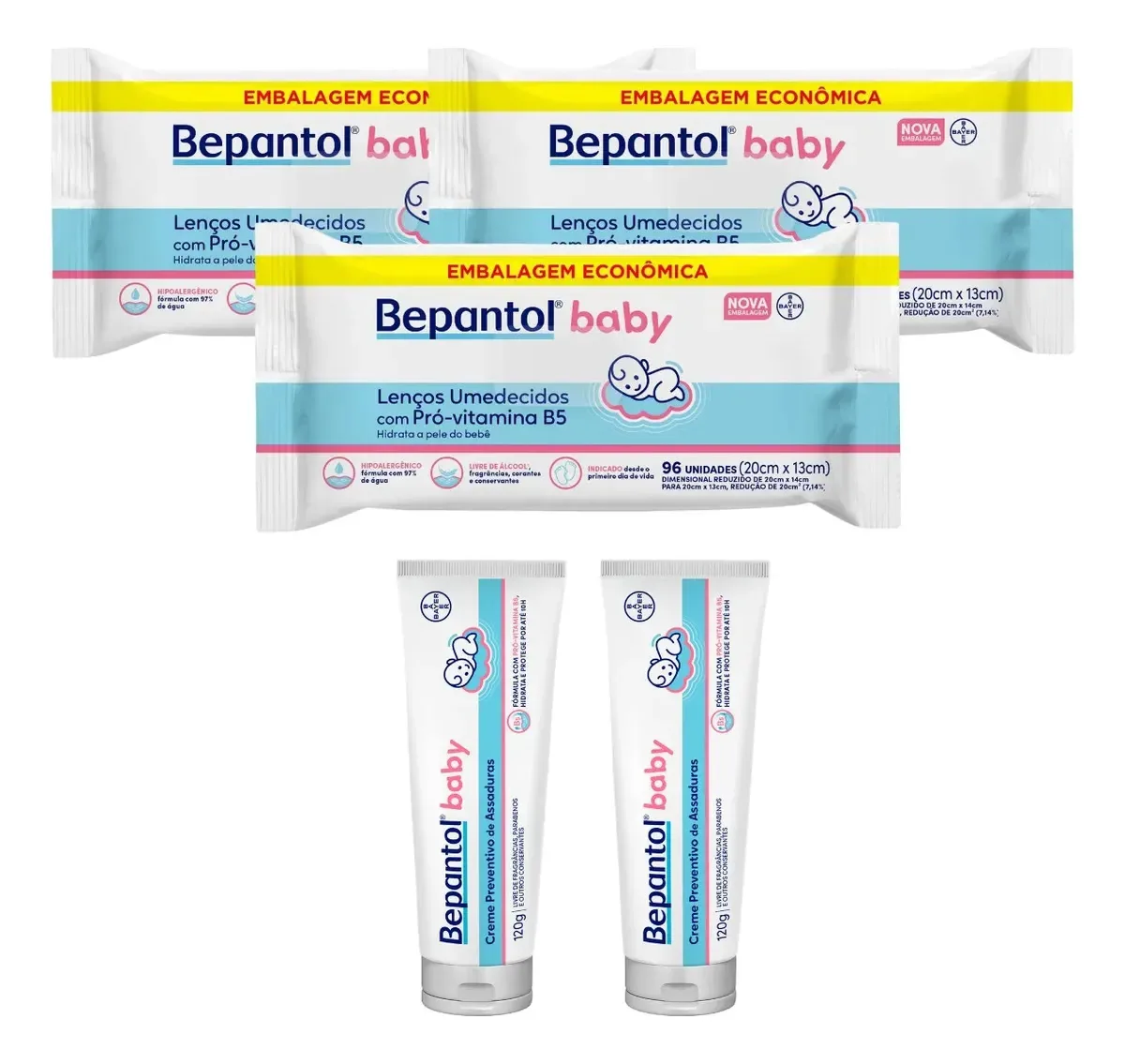 Kit 2 Pomadas Assadura 120g + 3 Lenços Umedecidos Bepantol Baby Pele Sensível