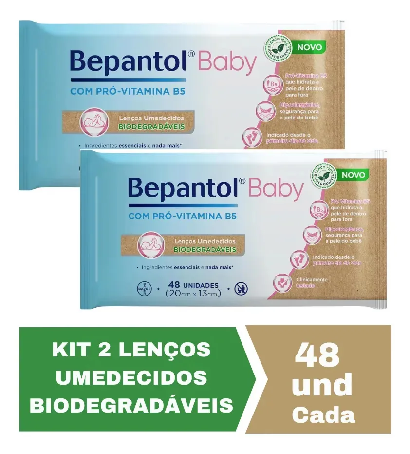 Kit 2 Lenços Umedecidos Biodegradável Bepantol Baby 48 Unidades Cada