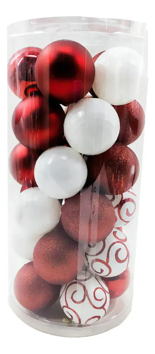 Kit 30 Bolas 6cm Natal Sortidos Vermelho E Branco Decorada