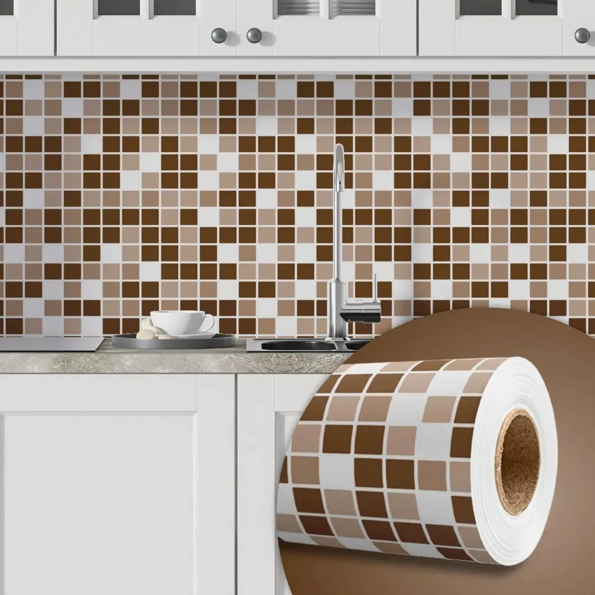 Adesivo Decorativo 2,5 Mts Papel Parede Pastilha Marrom Branco Cozinha Banheiro Lavável