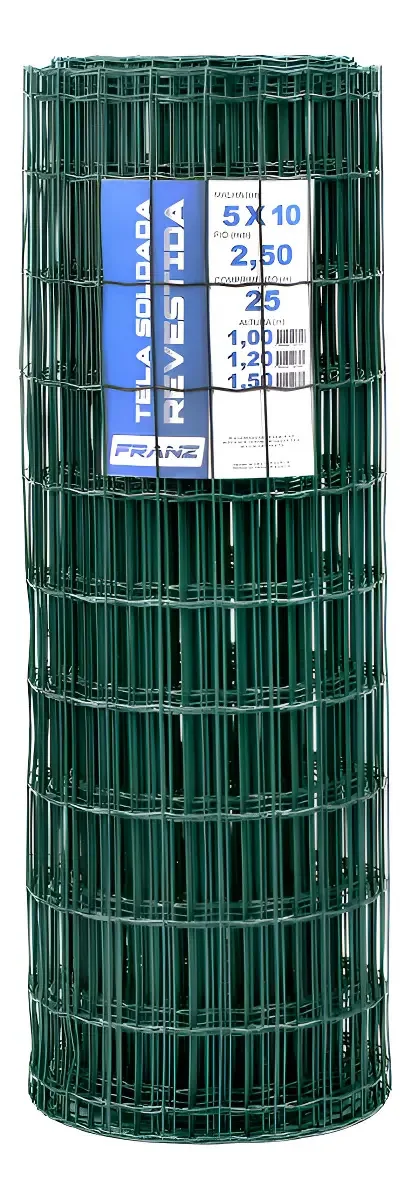 Tela Soldada PVC Verde 5x10cm Fio 2,5mm Altura 1,5m Rolo 25m Franz