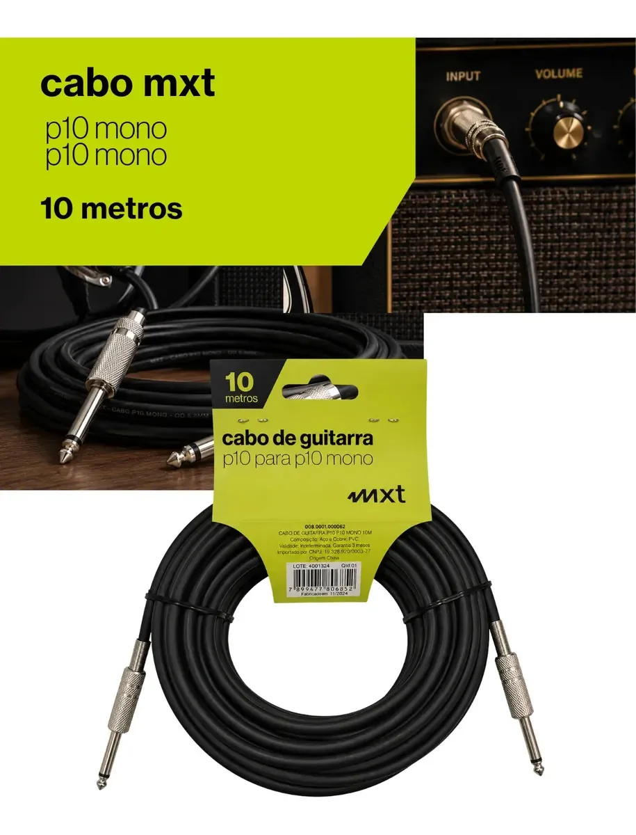 Cabo P10 Profissional MXT de 10 Metros Para Instrumentos Musicais