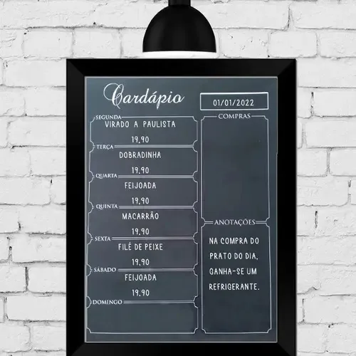 Lousa Cardápio Magnético Preto Planner Semanal 30x40