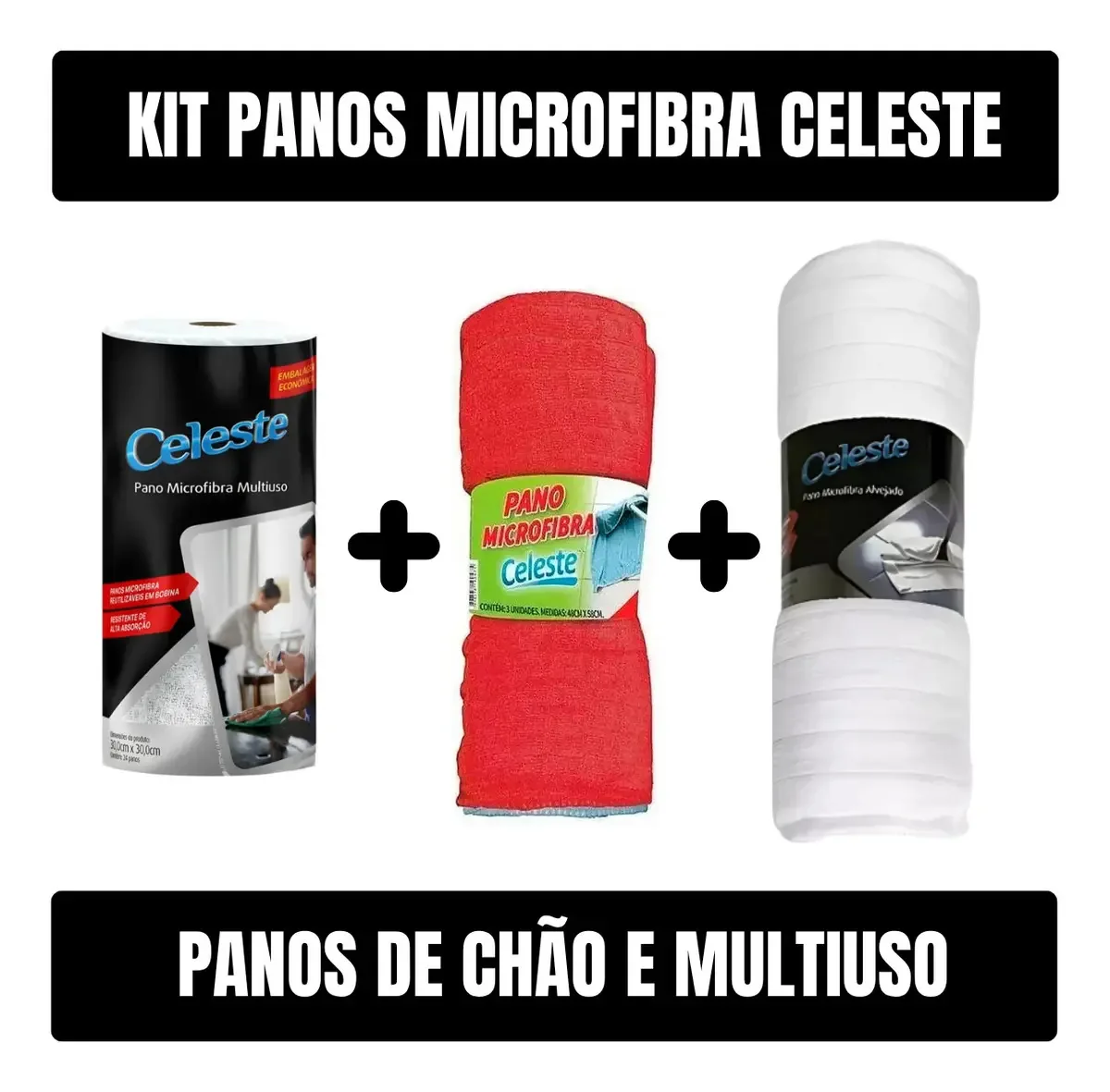 Kit 3 Panos Microfibra Celeste Limpeza Multiuso Chão Automotivo Branco