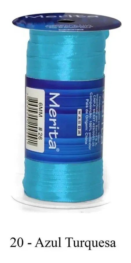 Fita Cetim Fina 6mm Azul Turquesa 100m Rolo Cetim Poliester