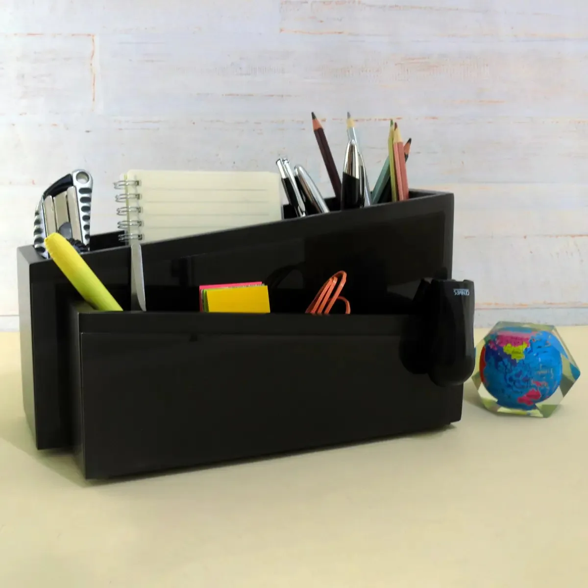 Kit Escritório Preto Organizador De Mesa Madeira Decoração