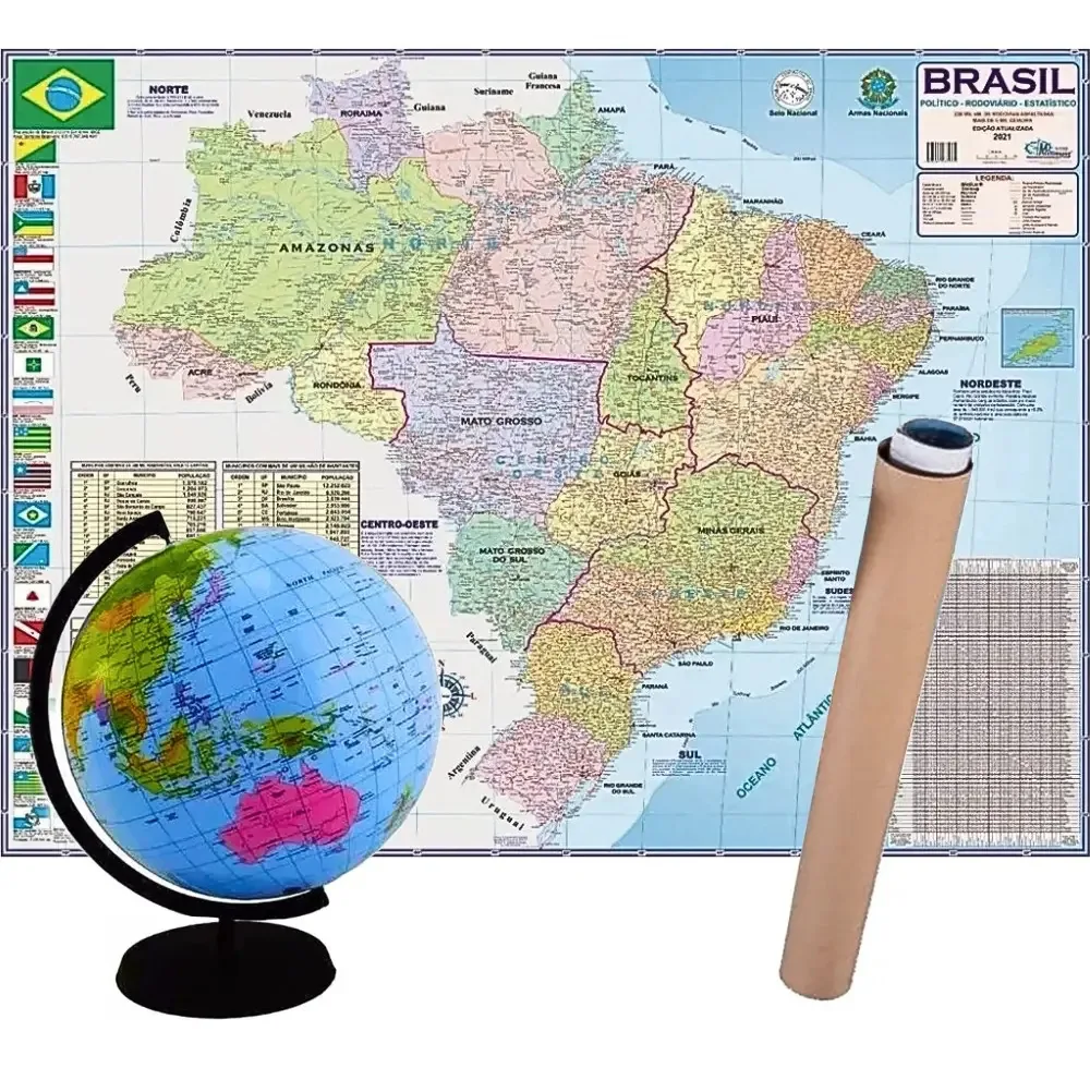 Kit Globo Terrestre Português Inflável 30 Cm + Mapa Brasil