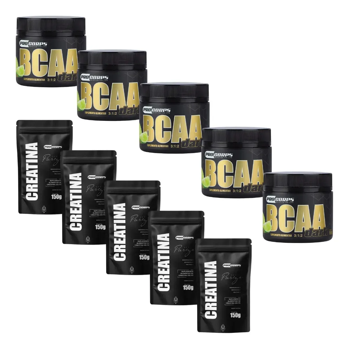 Kit de Suplementos Pro Corps: 5 BCAA Dark 150g e 5 Creatina, Beta Alanina e Glutamina