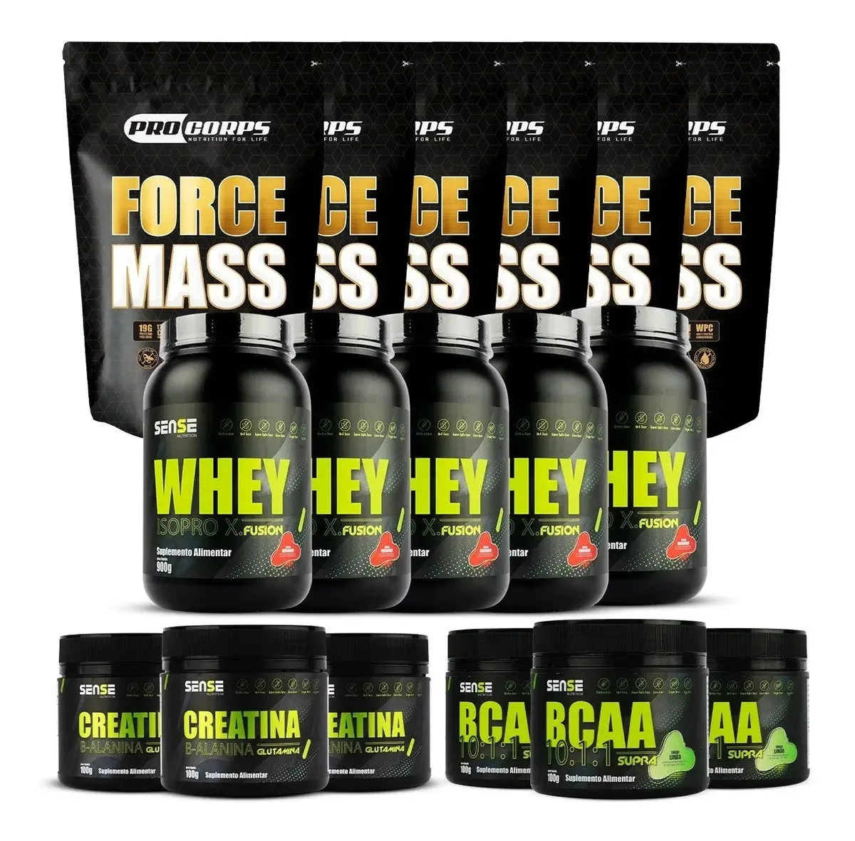 Kit Suplementos Nutricional Pro Corps - 5 Whey Iso proxfusion e 3 Creatina e 3 BCAA e 6 Hipercalórico Refil