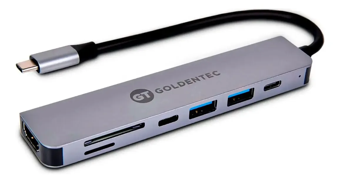 Hub Adaptador Usb Tipo C 7 Em 1 Cor Prata Goldentec com USB-C, PD, USB 3.0, USB 2.0, SD, TF, HDMI