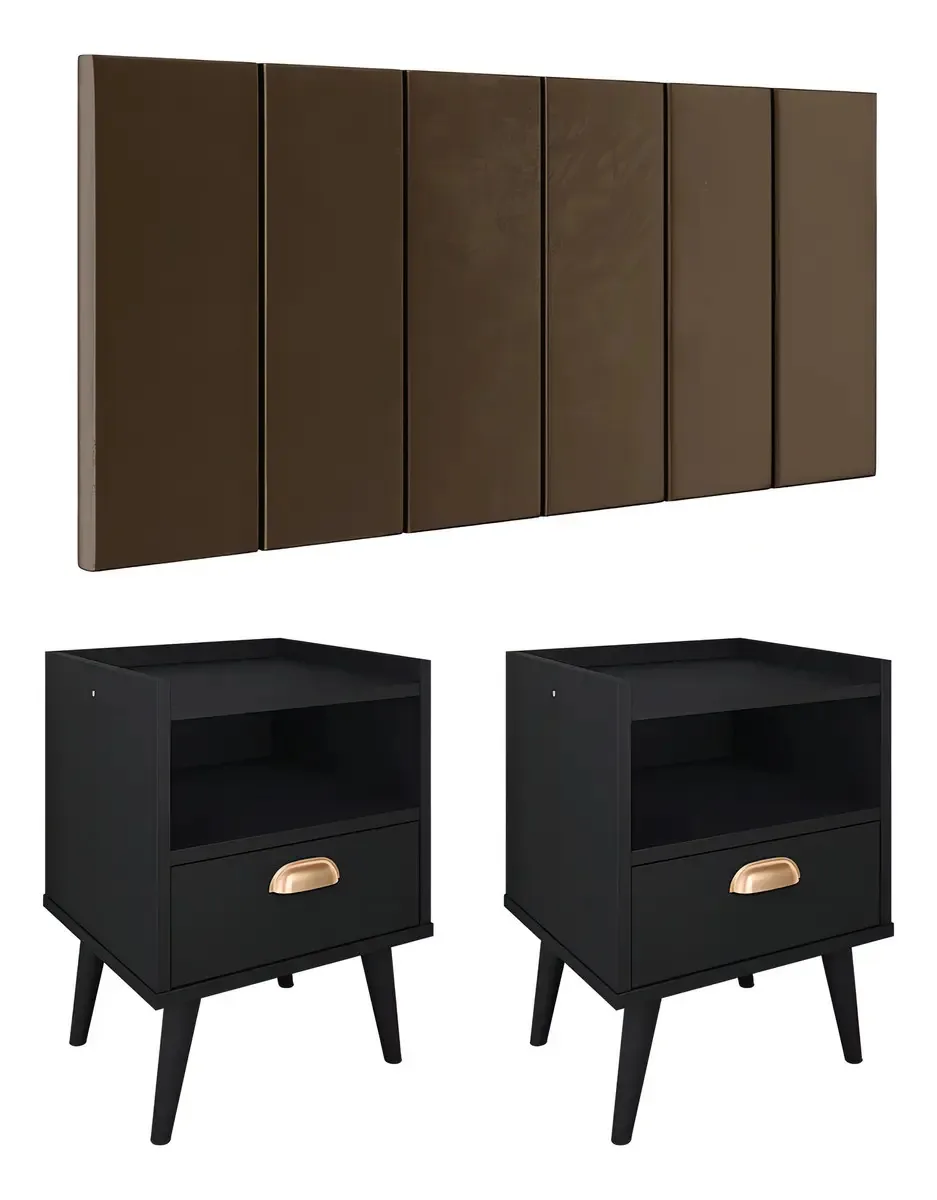 Conjunto 2 Mesas Cabeceira Retrô Cabeceira Cama Box Casal Acabamento Fosco Cor Preto | Marrom Suede