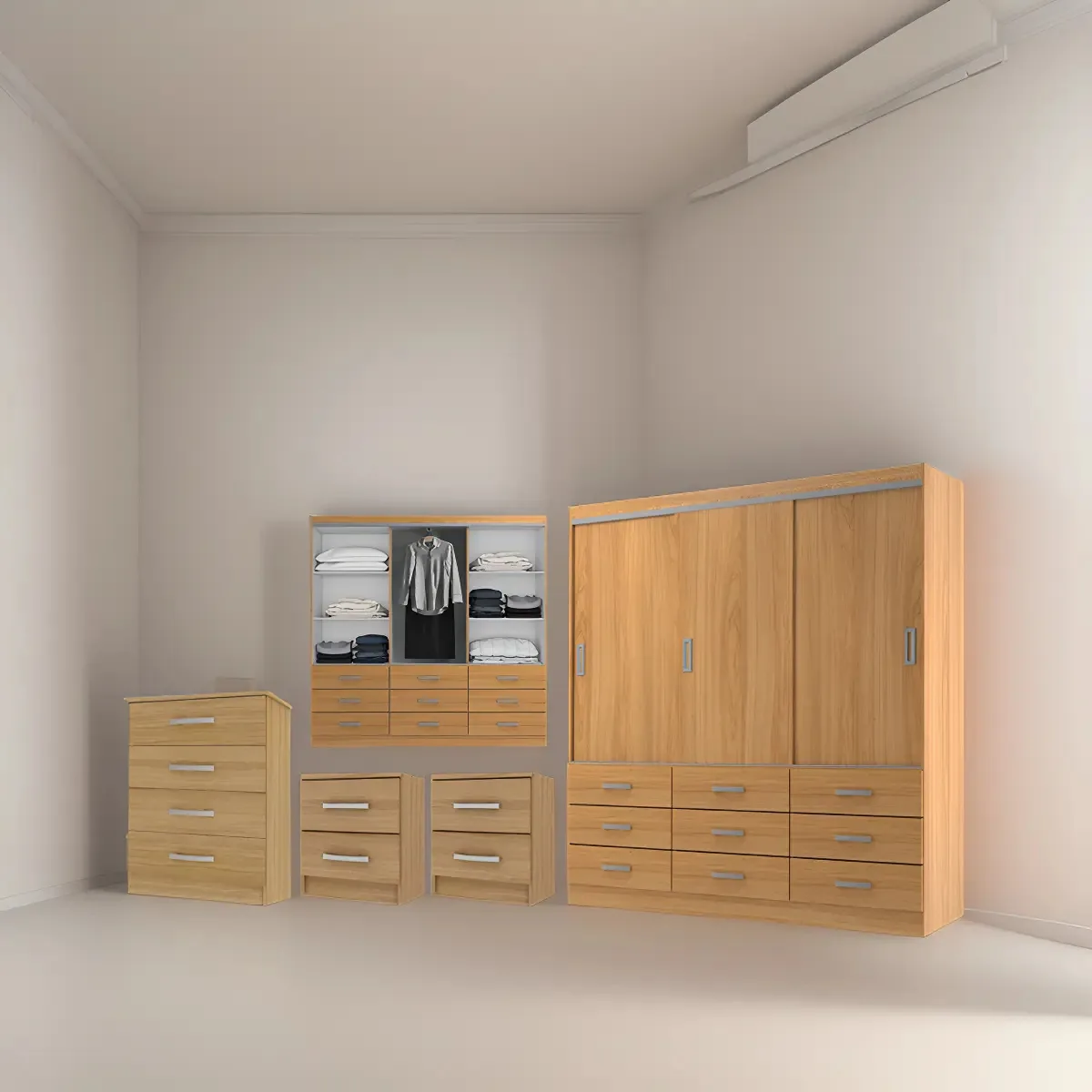 Armário combinado, guarda-roupa, portas deslizantes, mesa confortável de luz marrom claro