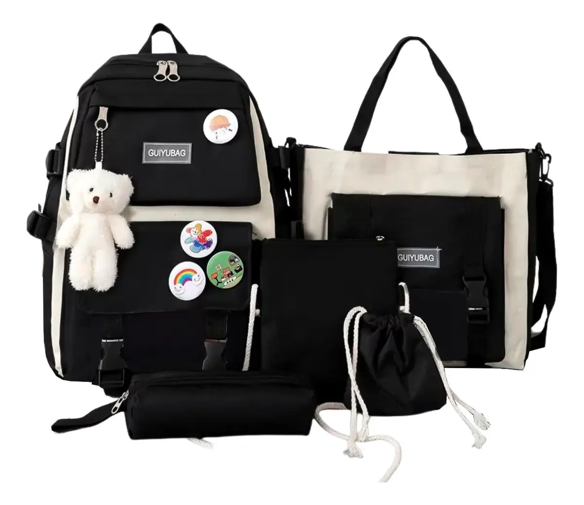 5 Peças Mochila Bolsas E Estojo Casual Dia A Dia Juvenil Cor Preta