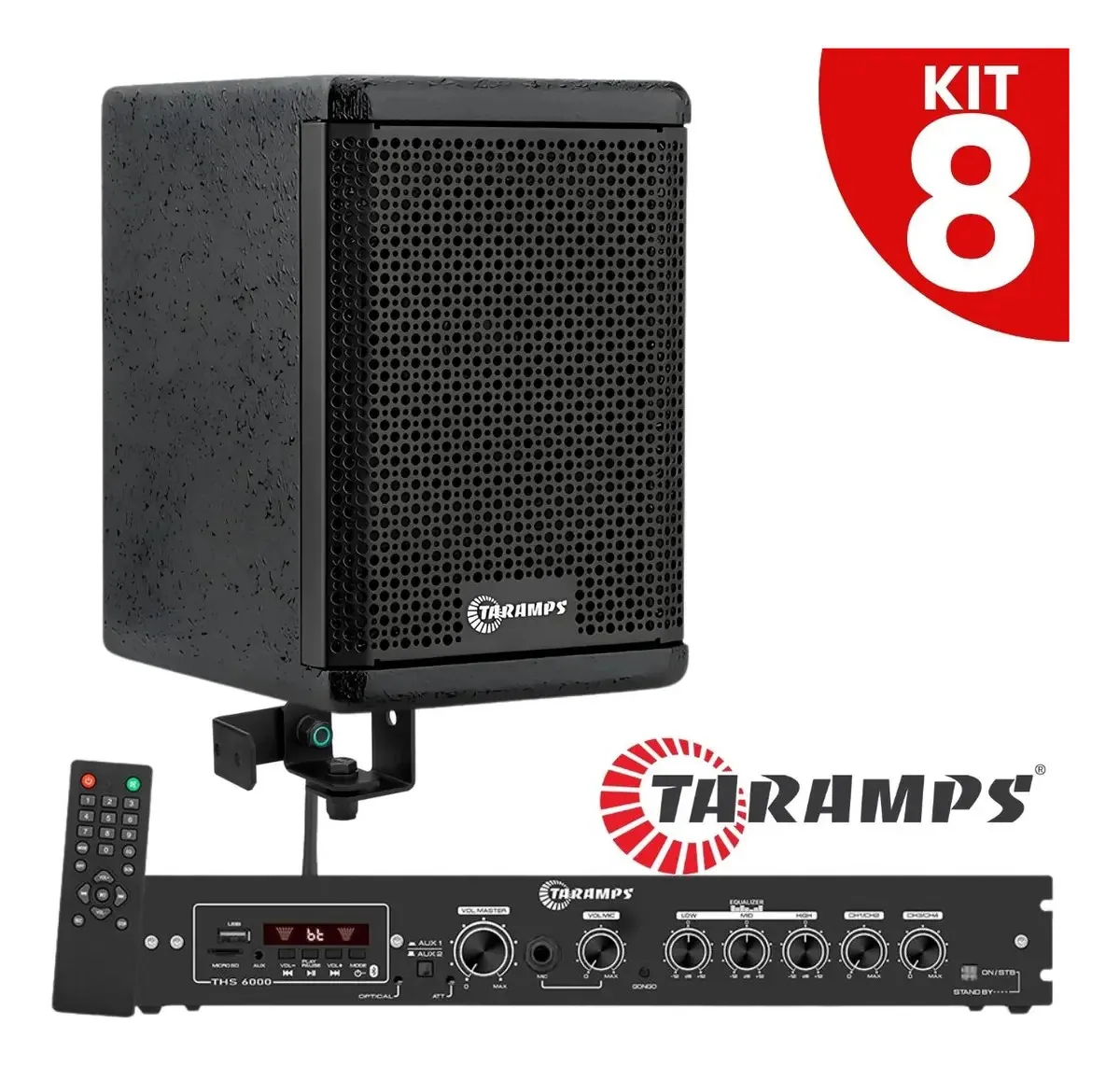 Kit 8 Caixas Som Pretas 400w Rms Taramps Acustica Profissional Ambiente Comercio Loja Bar Eventos Restaurante Clinicas Igreja Com Suportes + Receiver Amplificador Ths 6000 Bluetooth Usb Pendrive Sd