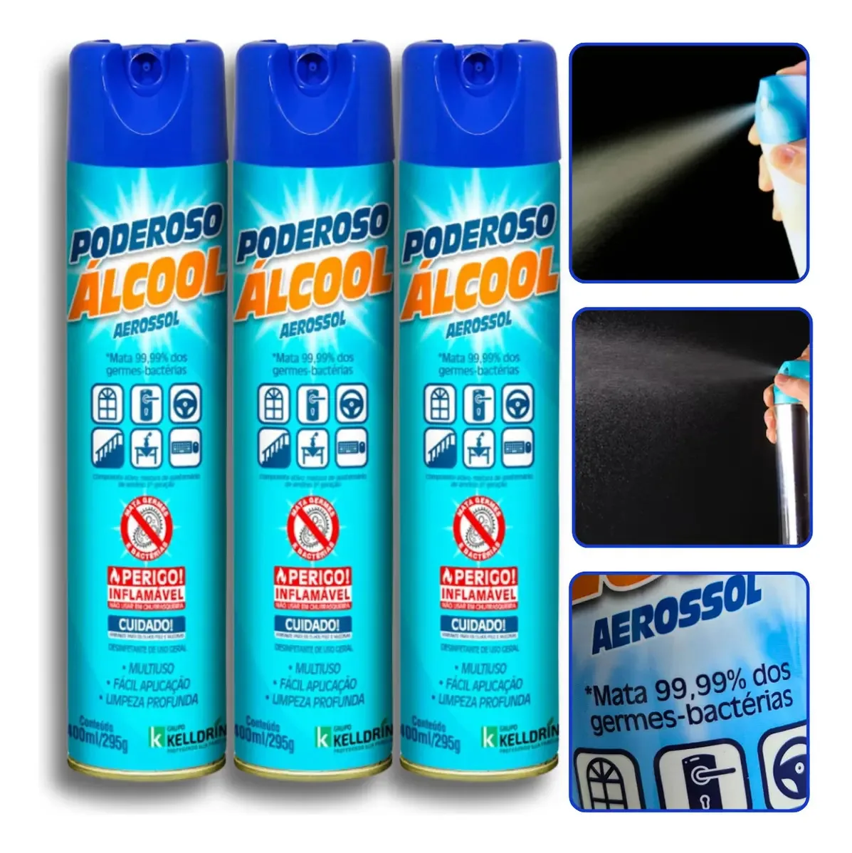 Kit 3 Unidades Poderoso Álcool Aerossol 400ml Desinfetant