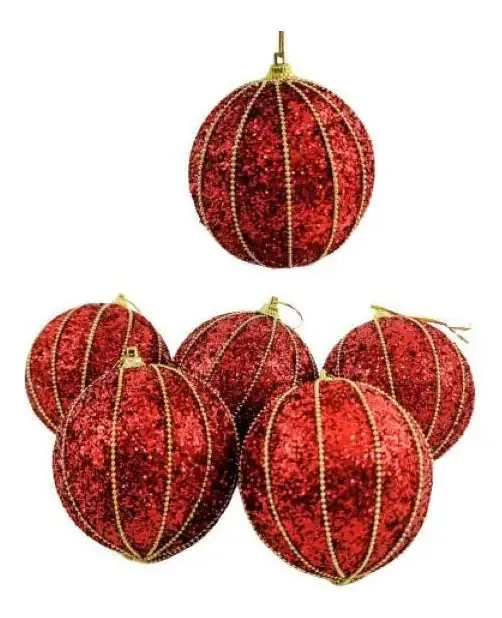 Bola De Natal Vermelha E Dourada 8cm Para Árvore Kit 6pc