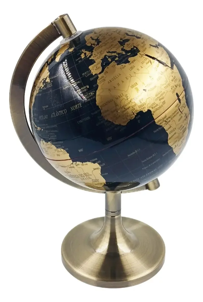 Globo Terrestre Político Base Metal Preto E Dourado 15cm Base Bronze