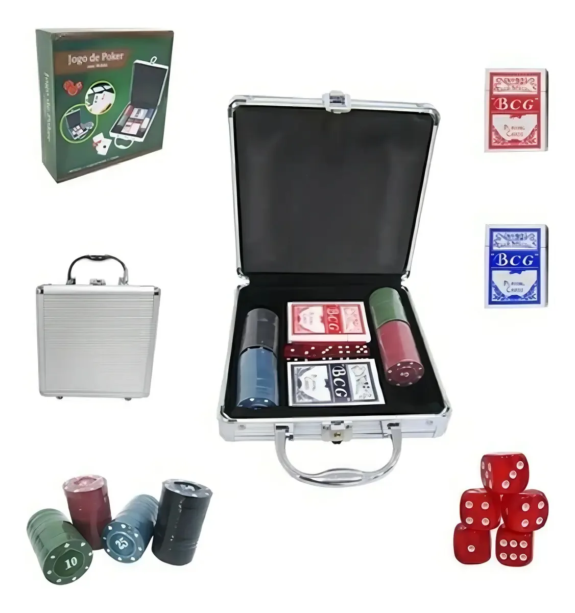 Maleta Jogo De Poker 100 Fichas 2 Jogos Baralho 5 Dados