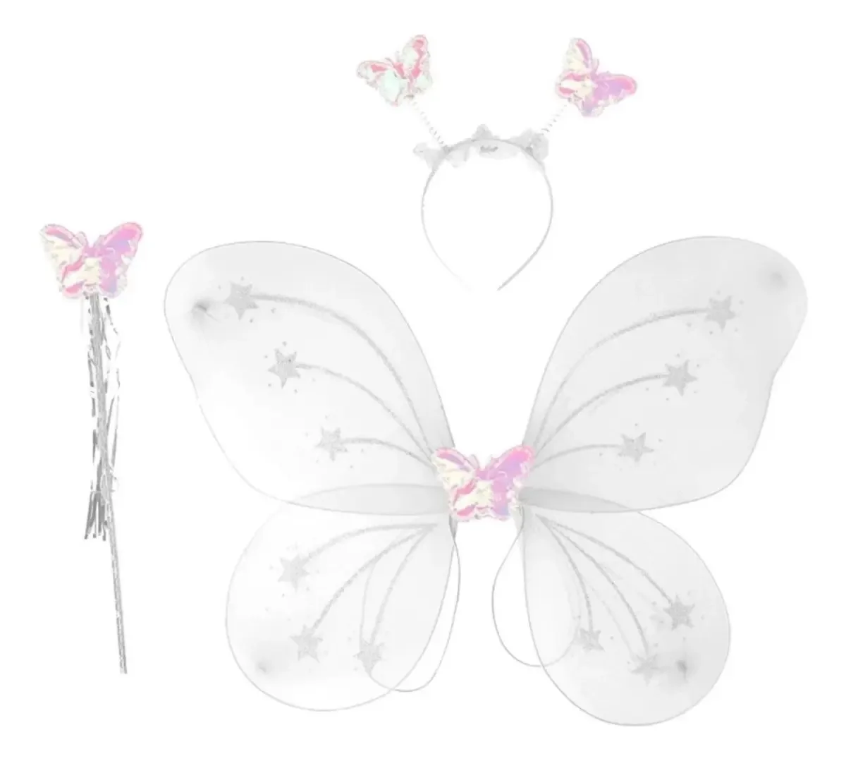 Kit Asas Fada Borboleta Fantasia Infantil Tiara E Varinha Branco